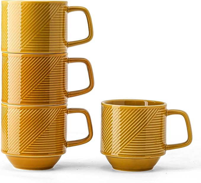 Stackable Coffee Mugs Set: 13 oz Ceramic Stacking Cups for Cappuccino Latte Tea - Microwave Safe Mug for Home & Office - 4 PCS, Mustard Yellow