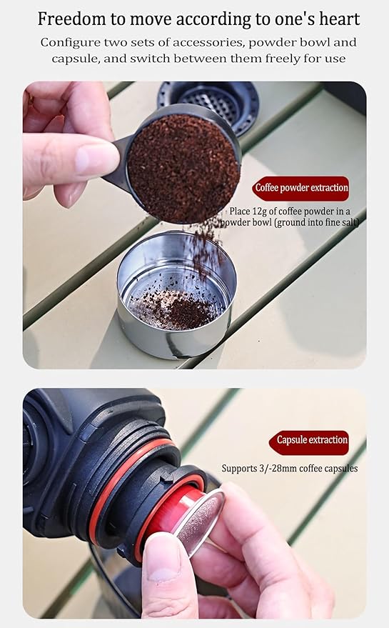 Portable Hand press Coffee Maker with with Capsule Compartment and Coffee Powder Bowl & Travel Mug - Compact Espresso Machine for Home, Travel, Manual Coffee Brewing