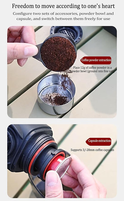 Portable Hand press Coffee Maker with with Capsule Compartment and Coffee Powder Bowl & Travel Mug - Compact Espresso Machine for Home, Travel, Manual Coffee Brewing