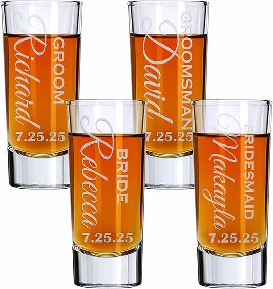 Custom Engraved 2 oz Shot Glass – Personalized Etching – Groomsman & Bridesmaid Gift – Wedding Favor Set of 4