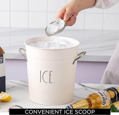 Rae Dunn Ice Bucket with Scoop - Stainless Steel Bucket with Handle, Lid and Ice Scooper - 4 Qt. Storage Bin for Ice Cubes for Bars, Parties, Backyard Barbeques, Picnics, and Camping (White)