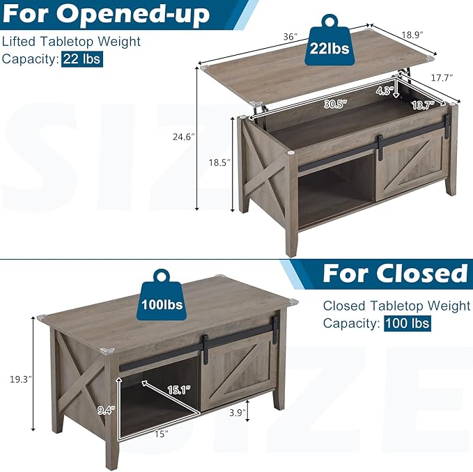 VINGLI Rustic Grey Lift Top Coffee Table, 36" Small Farmhouse Barn Door Coffee Table with Storage, Rectangular Center Coffe Table with Lifting Top, Lift Up Living Room Tables with Hidden Compartment