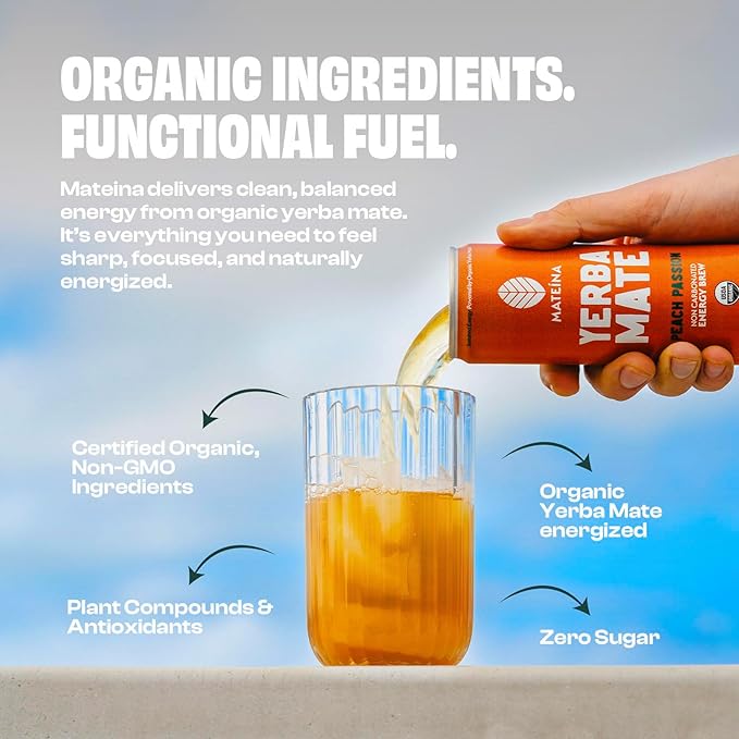 Mateina Yerba Mate Zero Sugar Energy Drink – 120mg Natural Caffeine – Organic, Non-GMO, Non-Carbonated – Dr. Andrew Huberman Recommended – 12 Pack (12oz Cans) (12 Pack, Peach Passion)