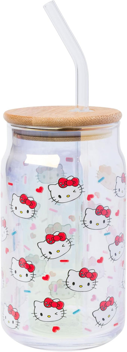 Silver Buffalo Sanrio Hello Kitty 2 Pack Iridescent Glitter Glass Jar Tumbler with Bamboo Lid and Glass Straw, 16 Ounces