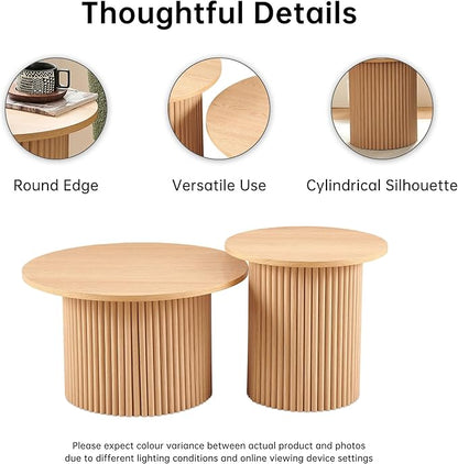 NORDICANA Nesting Round Coffee Table Set of 2, Boho 2 Piece Side Table End Table Set for Living Room Bedroom, Manufactured Wood Top with Oak Veneer