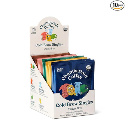 Chamberlain Coffee Variety Box Single Serve Bags - Includes 5 Blends, Original Family, Early Bird, Night Owl, Careless Cat and Social Dog Blends - 10 Single Serve Cold Brew Sachets