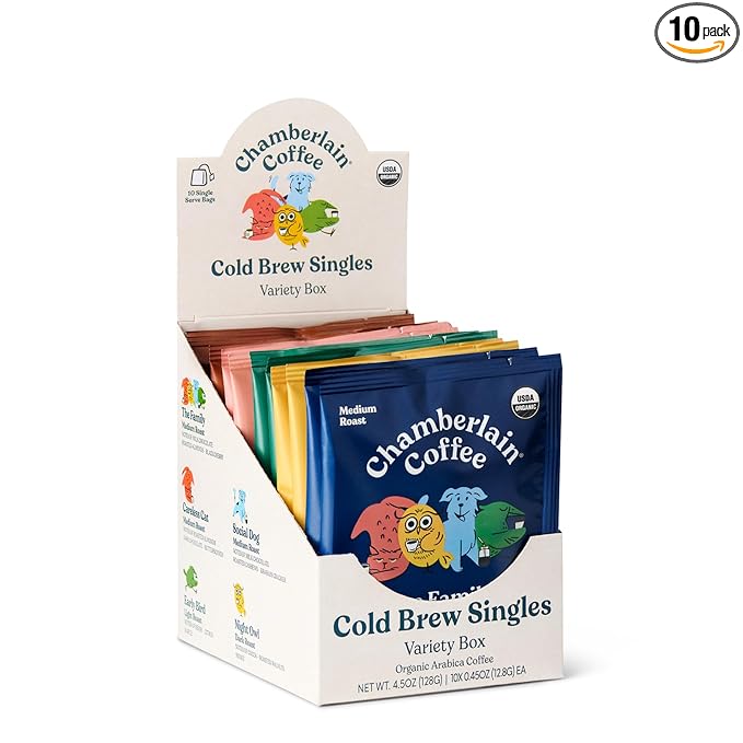 Chamberlain Coffee Variety Box Single Serve Bags - Includes 5 Blends, Original Family, Early Bird, Night Owl, Careless Cat and Social Dog Blends - 10 Single Serve Cold Brew Sachets