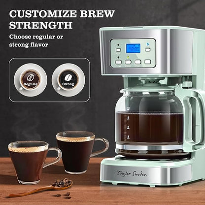 Taylor Swoden 12-Cup Programmable Coffee Maker, Regular & Strong Brew Drip Coffee Machine for Home and Office, Glass Carafe, Pause & Serve, Auto Shut Off, Green & Stainless Steel