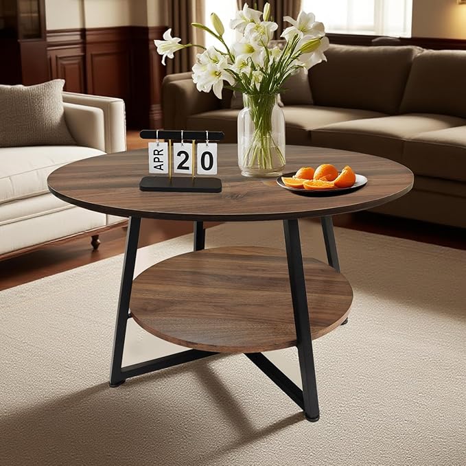 2-Tier Circle Coffee Table with Storage Modern Circular Coffee Table 28.35in Wood Rustic Table for Living Room, Small Space, Home Office, Easy Assembly (Brown)