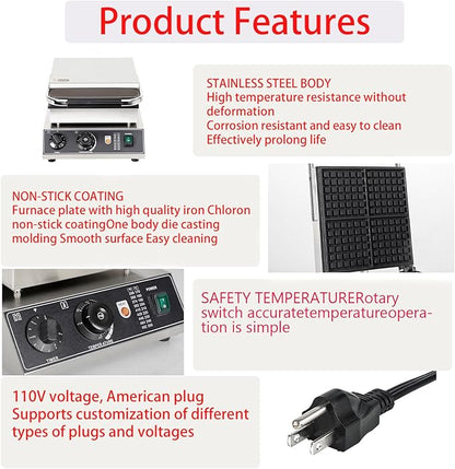 Commercial Waffle Maker, 4pcs Rectangle Waffle Iron, Non-Stick Industrial Belgian Waffle Maker Stainless Steel 110V Temp and Time Control, Suitable for Restaurant Bakeries Snack Bar Family
