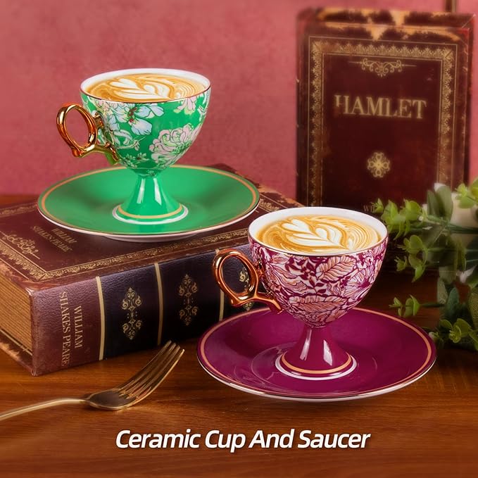 KAMMAK Ceramic Coffee Cups and Saucers Set of 2, Porcelain Espresso Cups with Saucers, 7.7 oz Handcrafted Ceramic Floral Coffee and Tea Cup, Vintage Drinkware for Tea Party, Office, Women Gifts
