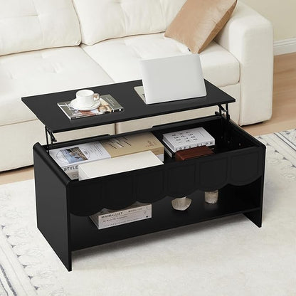 Lift Top Coffee Table with Hidden Compartment, 2 Tier Wooden Center Table with Wave Panel, Modern Lift Tabletop for Home Living Room Office, Black