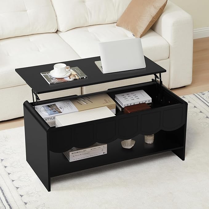 Lift Top Coffee Table with Hidden Compartment, 2 Tier Wooden Center Table with Wave Panel, Modern Lift Tabletop for Home Living Room Office, Black