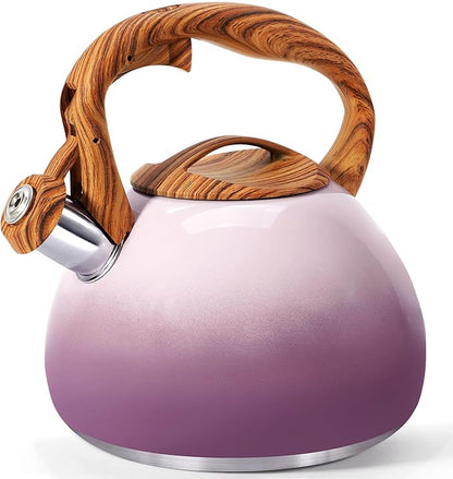 GGC Tea Kettle for Stove Top, 3.1QT/3L Whistling Tea Kettles for Boiling Water Coffee or Milk, Purple Tea Pot with Wood Parttern Handle, Stainless Steel Tea Pot for Home and Kitchen