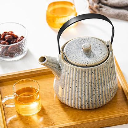 Yundu Grey with Blue Ceramic Teapots, 1000ml/33.8oz Tea Kettle, Enough for 4 Cups, Tea pot with infusers for loose tea, Striped Tea Pot with Removable Tea infuser
