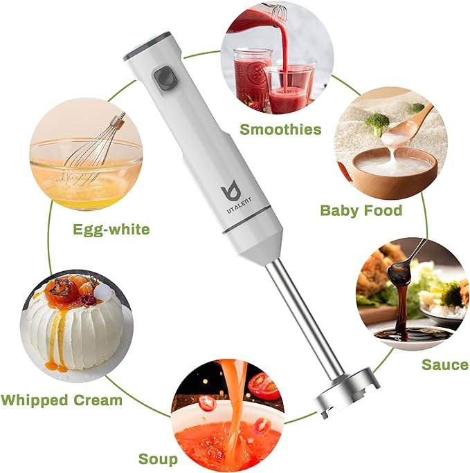 Cordless Hand Blender, UTALENT Variable Speed Immersion Blender handheld Rechargeable, with USB-C Charging Cable, Egg Whisk, for Smoothies, Milkshakes, Hummus and Soups – White