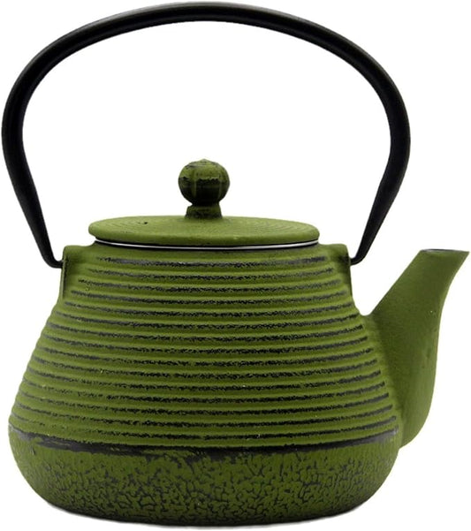20.3oz Small Cast Iron Teapot, SECHUDO Cast Iron Tea Kettle for Stovetop Safe Coated with Enameled Interior, Iron Tea Pot with Stainless Steel Infuser for Loose Tea (Green Pinstripe Pattern)