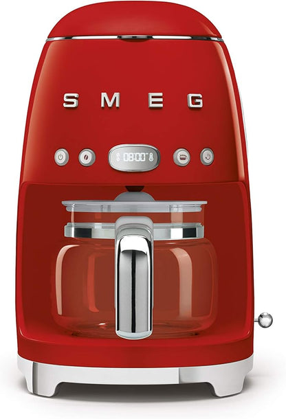 Smeg 50's Retro Style Aesthetic Drip Coffee Machine with 10 Cup Glass Carafe, Auto Start Feature, Keep Warm Plate, and Two Coffee Strength Settings (Red)