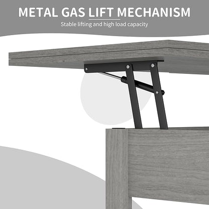Lift Top Coffee Table with Storage, Convertible Coffee Table Converts to Dining Table, Center Table with Drawer and Hidden Compartment, Farmhouse Coffee Tables with Lifting Top for Living Room, Grey