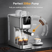 Espresso Machine, 20 Bar Espresso Maker Milk Frother & LCD Panel, Hot & Iced with Rapid Cold Brew, Stainless Steel Espresso Coffee Machine with 41oz Water Tank for Cappuccino, Latte