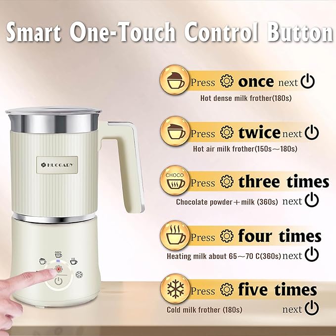 Huogary 5-in-1 Detachable Milk Frother Electric Milk Frother and Steamer Automatic Milk Foamer Frother Hot and Cold Foam Hot Chocolate Maker with Dishwasher Safe (Beige)