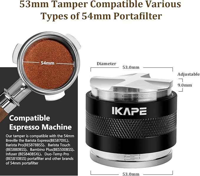 IKAPE Coffee Products, 53mm Coffee Distributor & Hand Tamper, Adjustable Depth Espresso Distributor Fits All 53mm Espresso Portafilter, Compatible with 54MM Breville Bottomless Portafilter (Black)