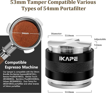 IKAPE Coffee Products, 53mm Coffee Distributor & Hand Tamper, Adjustable Depth Espresso Distributor Fits All 53mm Espresso Portafilter, Compatible with 54MM Breville Bottomless Portafilter (Black)