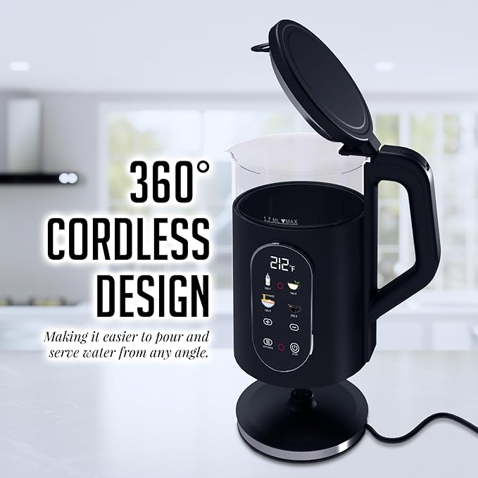 OVENTE Electric Kettle 1500W Fast Boiling Water Heater with 1.7L Double Wall Insulated Borosilicate Glass Interior, Digital Touchscreen, Keep Warm, Auto-Shut Off and Boil-Dry Protection, Black KD96B