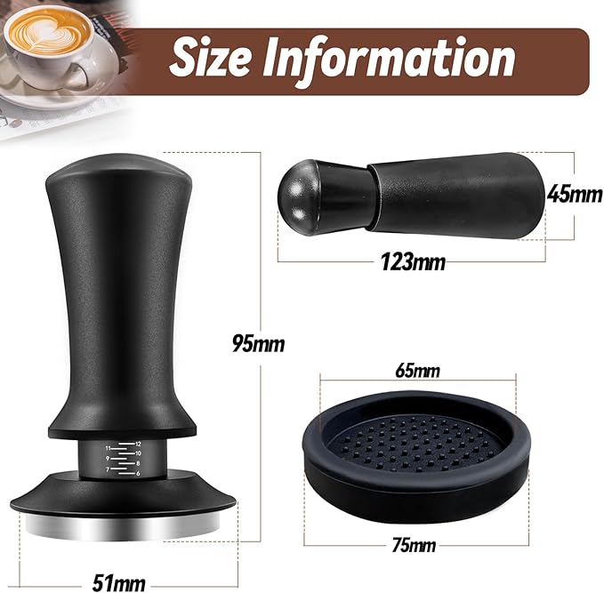 Coffee Espresso Tamper 51mm with WDT Tool Calibrated Spring Loaded, Coffee Tamper with Silicone Tamper Mat,Black Espresso Distribution Tool,Stainless Steel Base Tamper for Espresso Coffee Machine