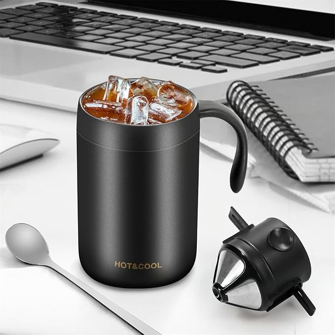 16oz Camping Coffee Maker Pour over Coffee Maker Set, Outdoor Portable Hand Drip Coffee Cup, Home Coffee Brewing and Filtering System, Double-Layer Vacuum 304 Stainless Steel (Black)