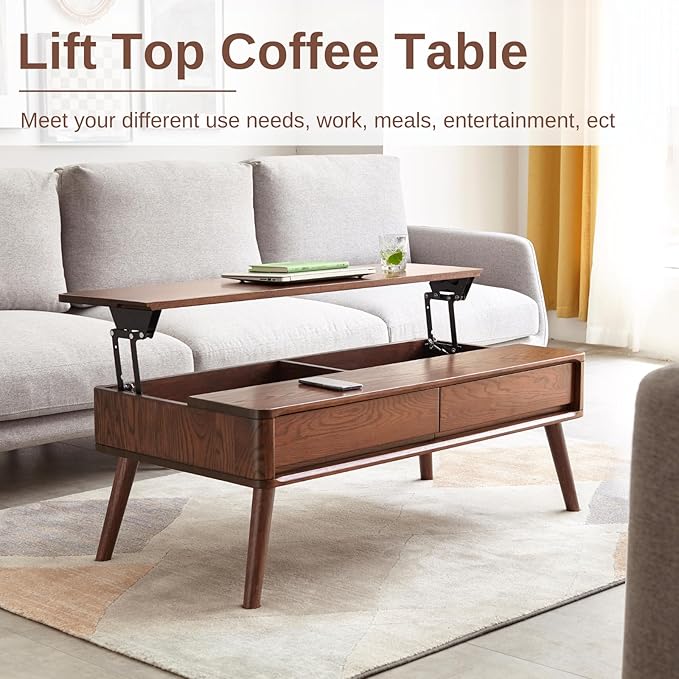100% Solid Oak Lift Top Coffee Table, Wood Coffee Table with Hidden Compartment and Drawers - Coffee Tables for Living Room (Walnut Color, 39.37 inch)