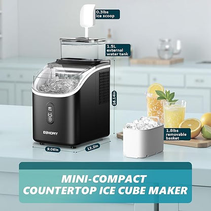 EUHOMY Ice Cube Maker Machine Countertop with External Water Tank, 34Lbs, 16Pcs Ready in 13 Mins, 2 Ways to Add Water, Auto-Cleaning, with Ice Scoop & Basket, for Home/Kitchen/Office/Bar (Black)