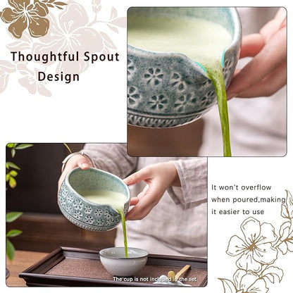 Matcha Whisk Set, Ceramic Matcha Set Includes Matcha Bowl, Matcha Whisk and Holder, Bamboo Scoop, Scoop Rest, Sifter and Tea Towel - 7 Pcs Matcha Kit for Matcha Lovers (Blue)