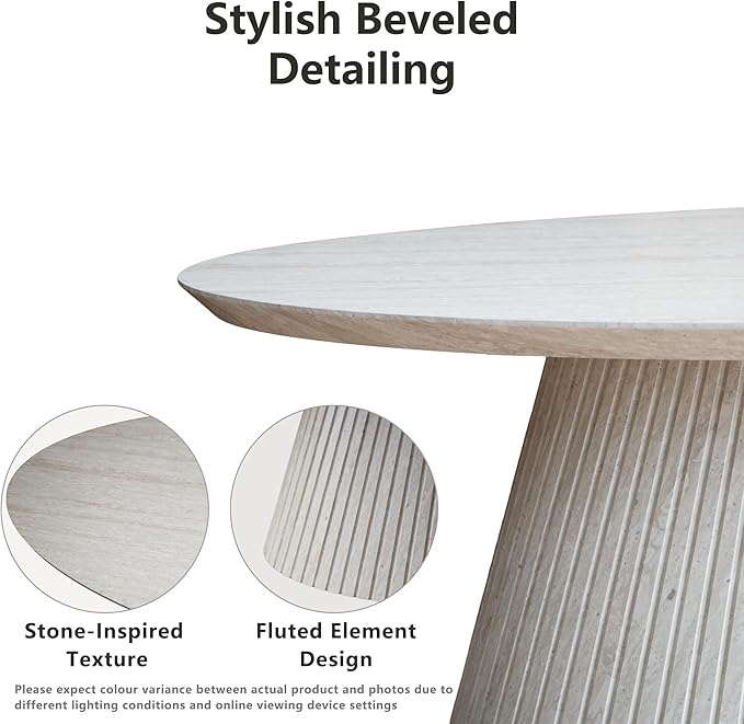 win2win Oval Coffee Table, Modern Faux Stone Coffee Table with Fluted Design, Travertine Tea Table with Tapered Base, Minimalist Center Table for Living Room, Apartment, Office, Stone