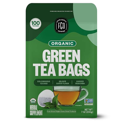 FGO Organic Green Tea, 100 Count Eco-Conscious Tea Bags, Caffeinated, Resealable Pouch, Packaging May Vary (Pack of 1)