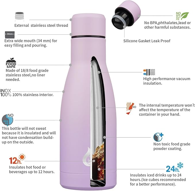 BJPKPK Insulated Water Bottle 12oz Small Stainless Steel Water Bottles Reusable Metal Thermal Keep Cold and Hot,Dreamy Purple