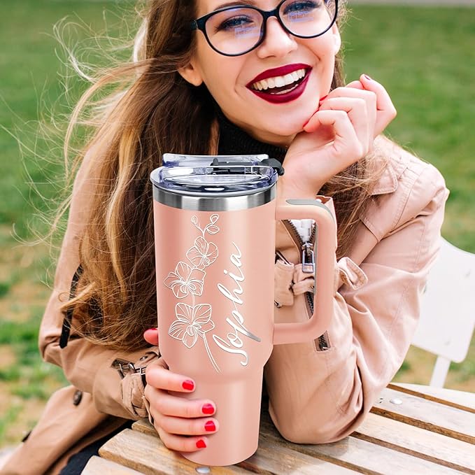 Personalized 40 Oz Tumbler with Handle Made in USA Custom Tumbler with Name & Birth Flower Month, Stainless Steel Travel Coffee Mug Cup, Birthday Gifts Personalized Gifts for Women Men