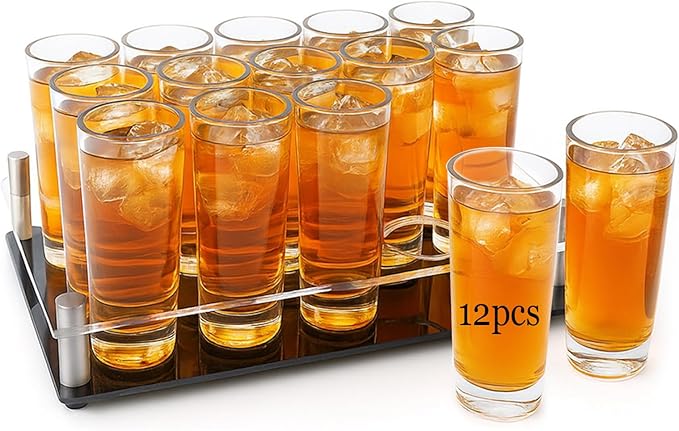 Ruckae 12 Pack 2oz Shot Glasses Set Clear Shot Glasses Bulk with Tray Heavy Base Cylinder Glass Shot Cups for Vodka Tequila Whiskey Liquor Cocktail