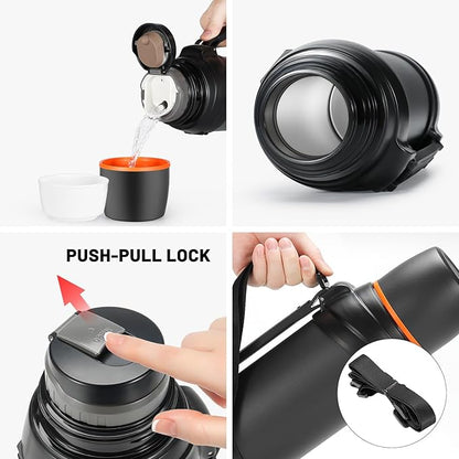 Large Thermosflask- 64oz Stainless Steel Insulated Bottle for Travel with BPA Free Cup - 2.0L Oversized Vacuum Insulated Thermoses with Handle and Strap for Hot & Cold Drinks(Black)