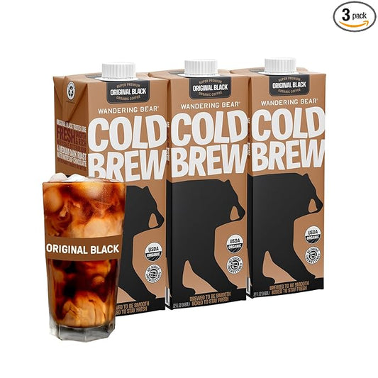 Wandering Bear Straight Black Organic Cold Brew Coffee, 32 fl oz, 3 pack - Extra Strong, Smooth, Organic, Unsweetened, Shelf-Stable, Ready to Drink Iced Coffee