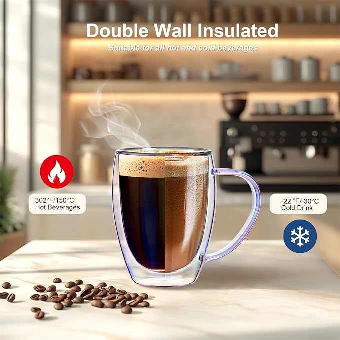 Double Walled Glass Coffee Mugs 12 OZ, Set of 2 Iridescent Glass Cups With Handle Perfect for Espresso, Cappuccino, Latte, Americano, Tea Bag, Beverage