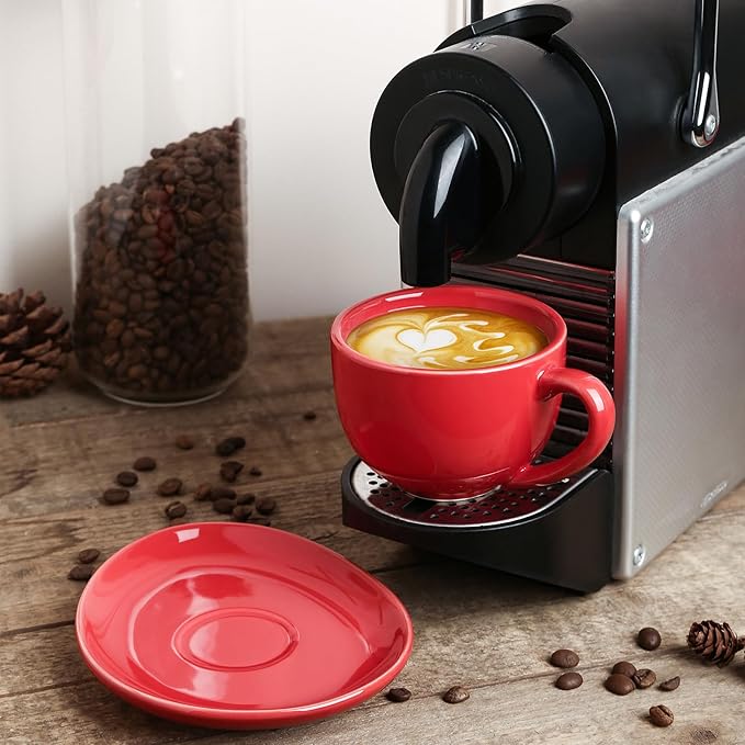 vicrays 6.5 oz Cappuccino Cups with Saucers, Set of 4, Ceramic Coffee Cup for Au Lait, Double shot, Latte, Cafe Mocha, Tea (Red)