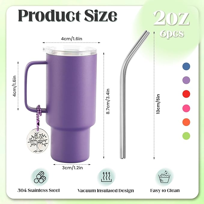 Cute Shot Glasses with Handle 2 oz, Mini Shot Tumbler with Lid and Straw, Kawaii Insulated Tumblers with Chain for Espresso Coffee Spirits Cute Stuff Funny Gifts (6 Pack-B)