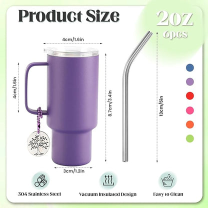 Cute Shot Glasses with Handle 2 oz, Mini Shot Tumbler with Lid and Straw, Kawaii Insulated Tumblers with Chain for Espresso Coffee Spirits Cute Stuff Funny Gifts (6 Pack-B)