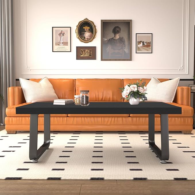 HSH Black Modern Coffee Table, Rustic Wood and Metal Center Table, Farmhouse Simple Living Room Coffee Tables, Industrial Minimalist Wooden Tea Coffee Table for Bedroom Home Office, Black Oak, 39 in