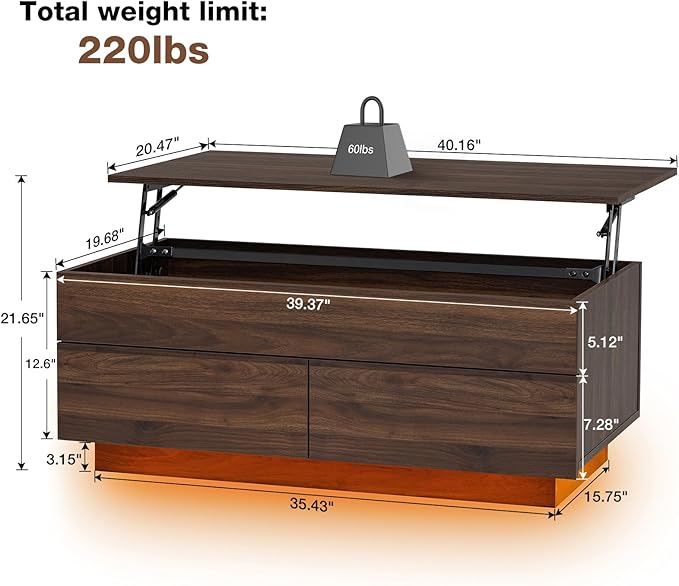 HOMMPA Modern Lift Top Coffee Table with Storage for Living Room, LED Coffee Table, Wooden Lift Table Top Dining Table with 2 Drawers Hidden Compartment & Metal Frame, Walnut