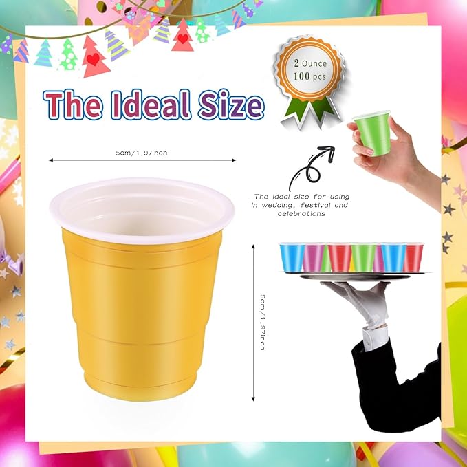 100 Pack 2 oz Plastic Shot Cups, Mini Disposable Shot Glasses, 2 oz Party Mini Cups for Bachelorette Party, Birthday, Parties Favor, Baby Shower Supplies (Multi Colors)