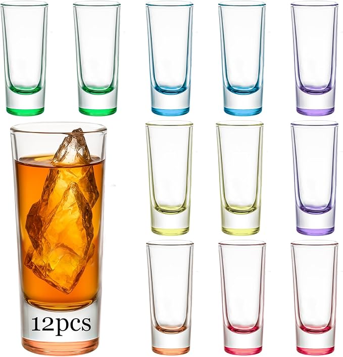 Ruckae 12 Pack 2oz Shot Glasses Set Gradient Colorful Shot Glasses Bulk with Heavy Base Bar Cylinder Glass Shot Cups for Vodka Tequila Whiskey Liquor Cocktail