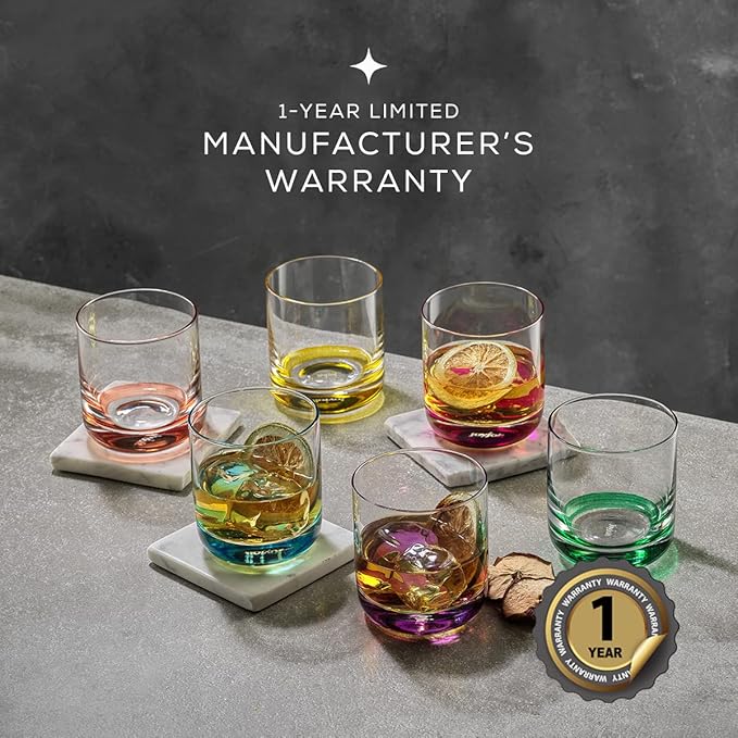 JoyJolt Hue Colorful Whiskey Set of 6, 10oz Drink Glasses, Double Old Fashioned Glass, Modern Whiskey Glass Set for Bar, Low Ball Cocktail Tumbler Glasses