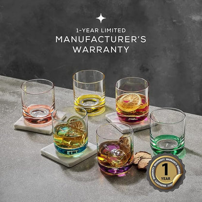 JoyJolt Hue Colorful Whiskey Set of 6, 10oz Drink Glasses, Double Old Fashioned Glass, Modern Whiskey Glass Set for Bar, Low Ball Cocktail Tumbler Glasses